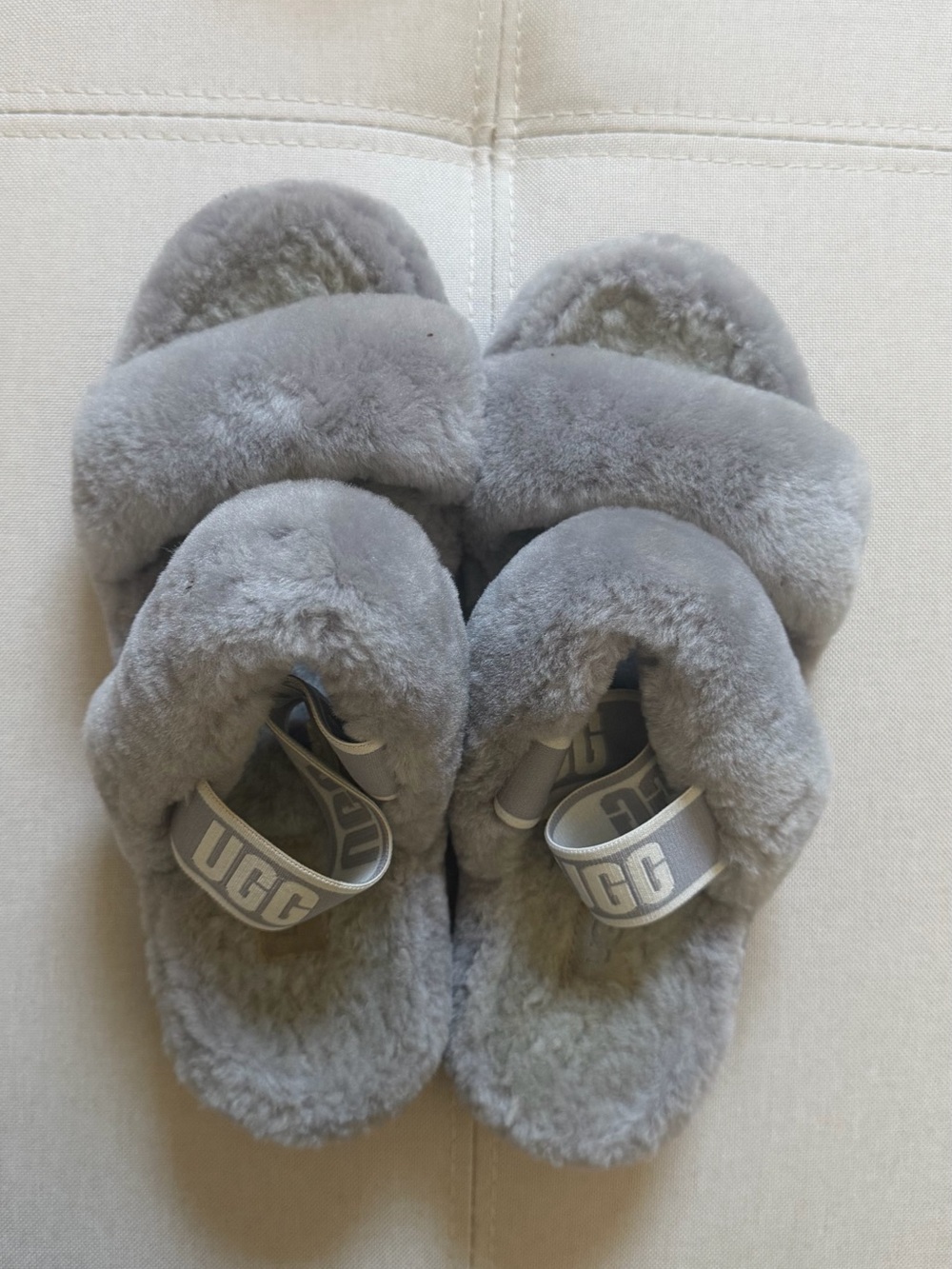 UGG Gray Plush Slide Sandals with Branded Heel Strap